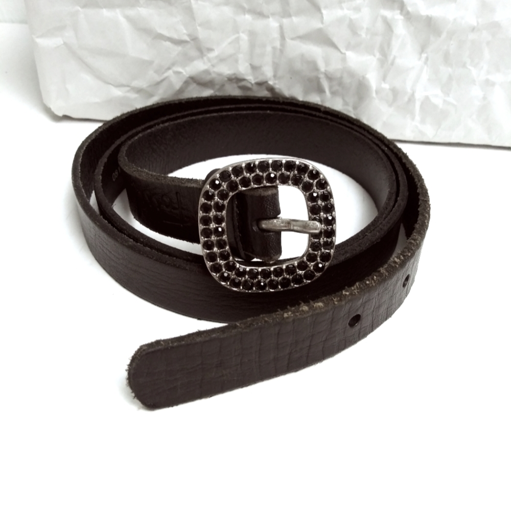 Fossil Belt Genuine Leather Square Buckle Rhinestone Women's Size Large Casual